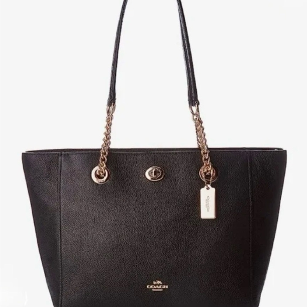 New Coach Black Leather Purse with Gold Chain Straps. Dust Bag Included.